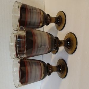 EUC. Libbey Nova brown Water goblet glass stem brown gray rust band.